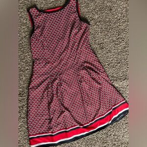 Elegant Red & Black Patterned fit and flare sleeveless Dress size 16 Jones NY